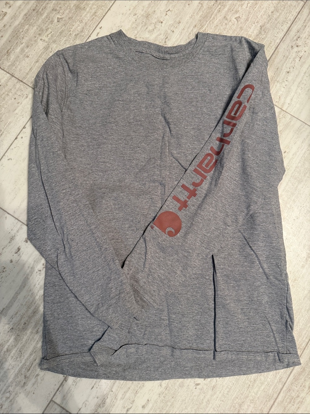 Carhartt Gray Long-Sleeve Tee with Rust Sleeve Logo